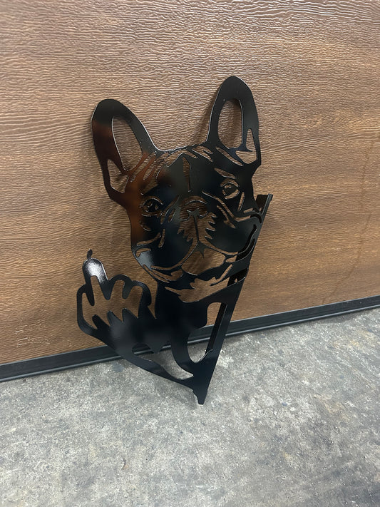 Custom metal dogs flipping the bird