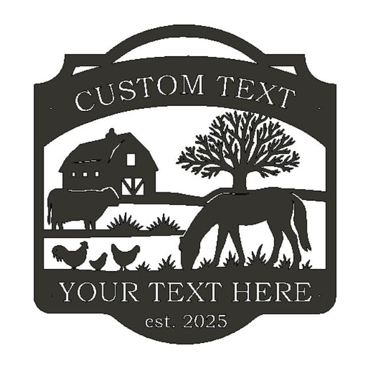 Panneau de ferme en métal personnalisé représentant un cheval, une vache et un cheval